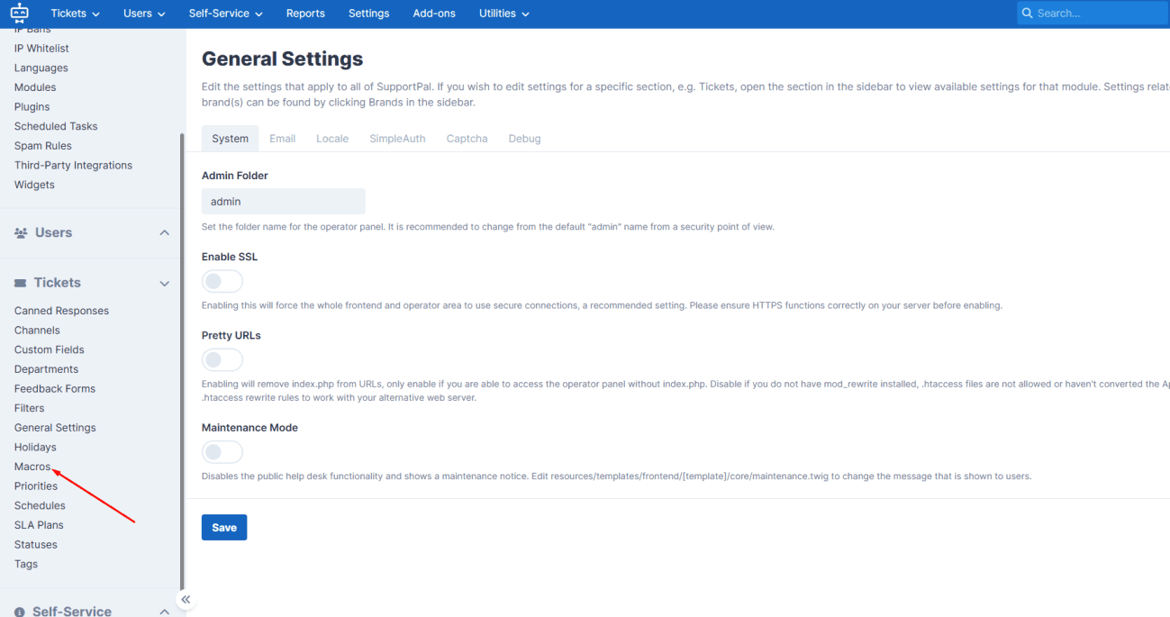 Navigate to the Macros area in SupportPal