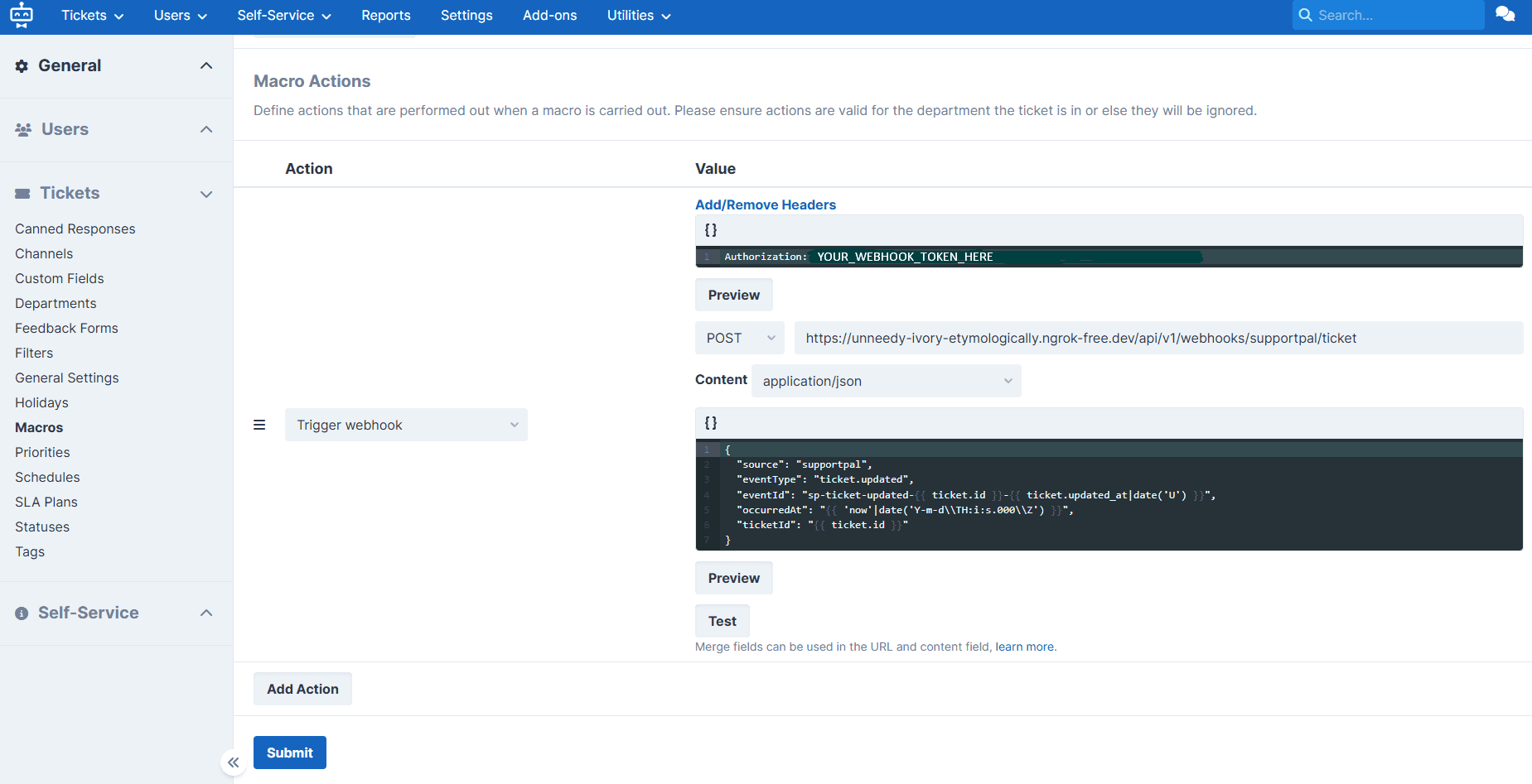 Trigger webhook action configured with header, webhook URL, and JSON body