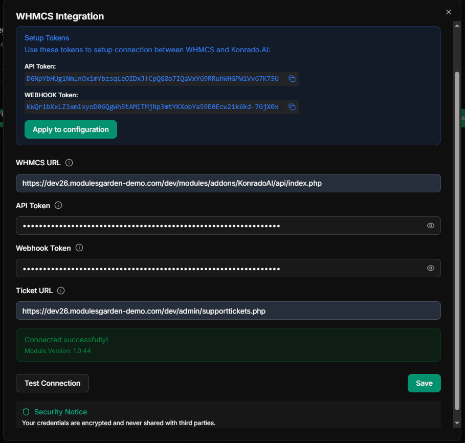 WHMCS Integration modal after a successful connection test
