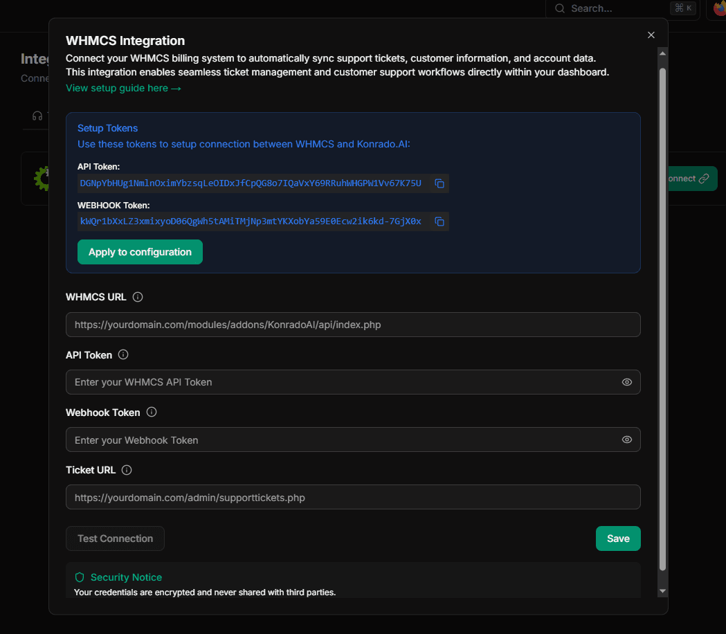 WHMCS Integration modal with tokens and connection form