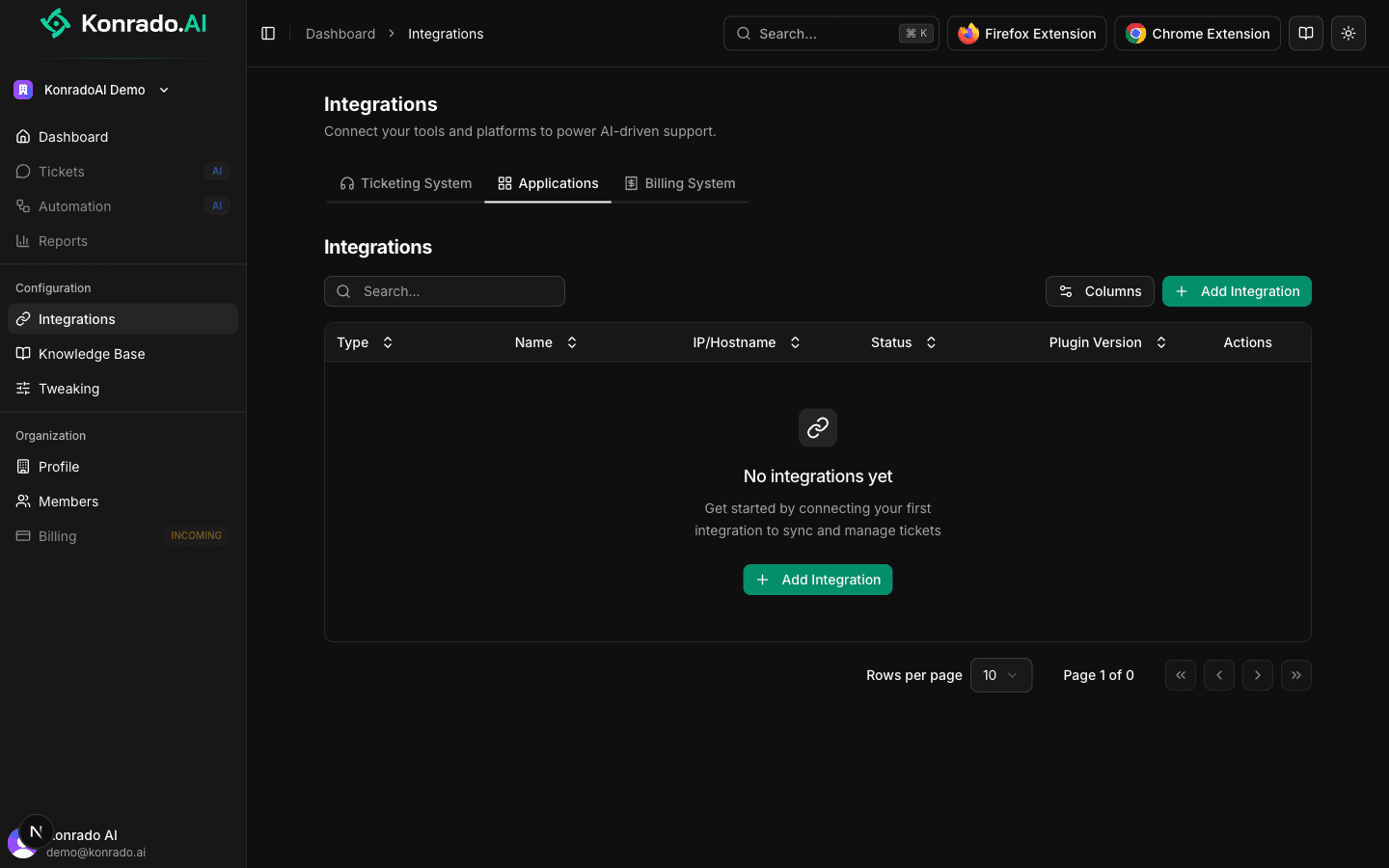 Applications tab showing server integrations