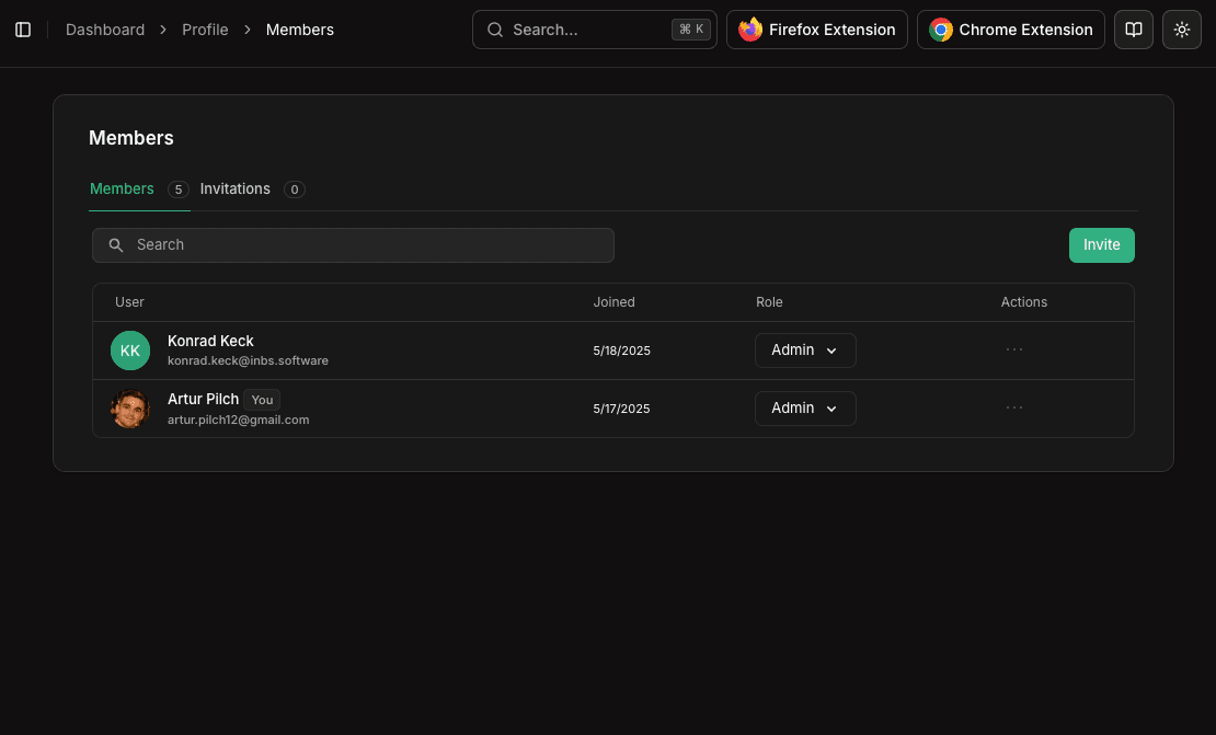Members page showing team members and roles