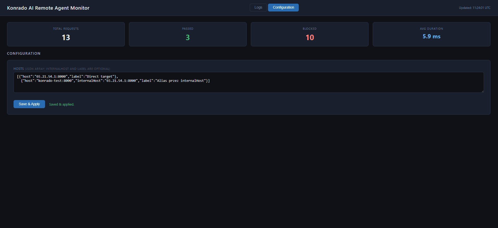 Remote Agent dashboard configuration tab