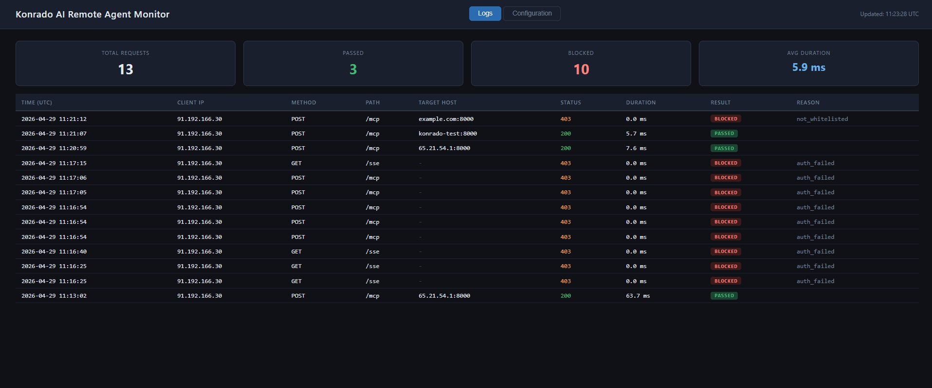 Remote Agent dashboard logs tab