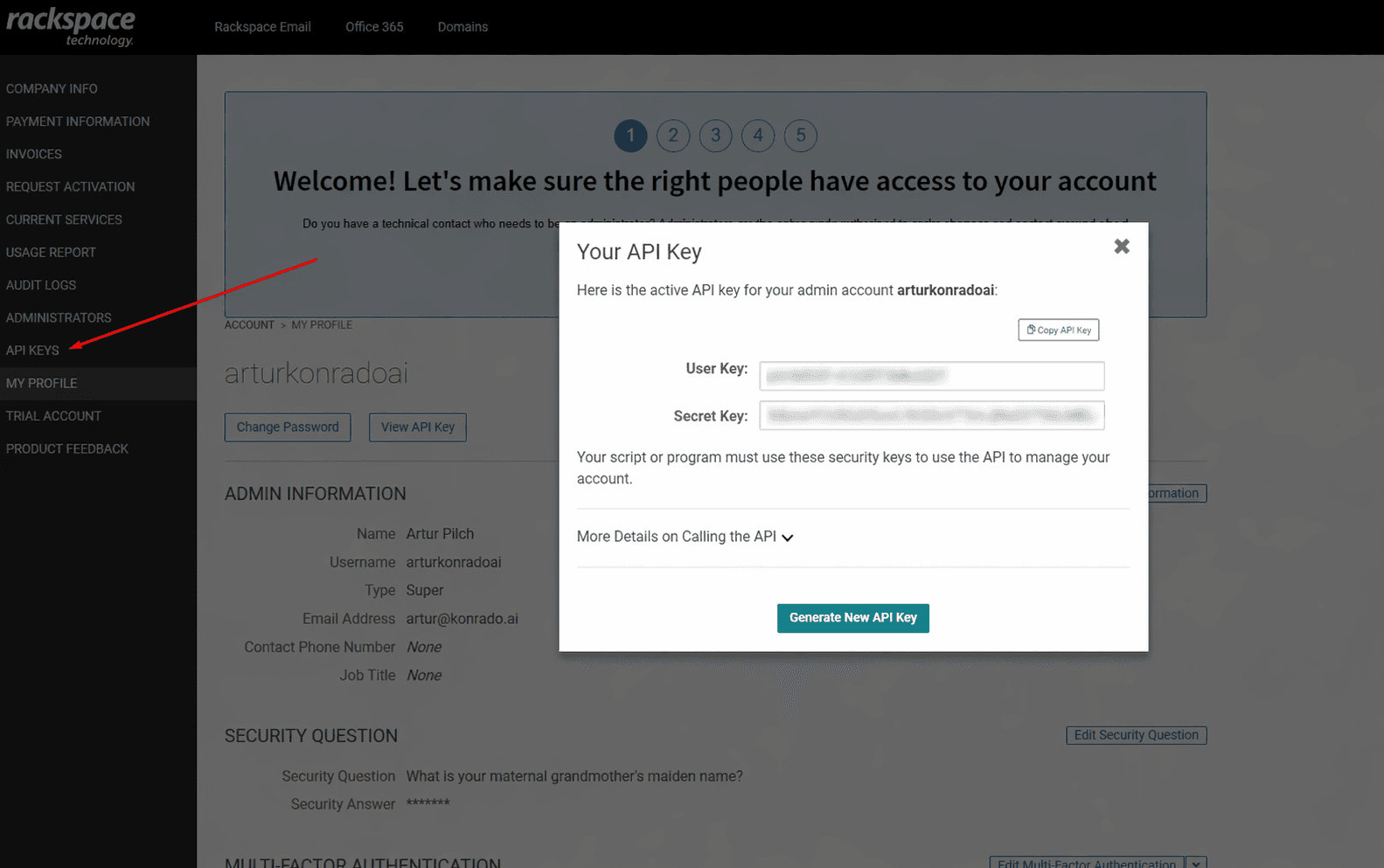 Rackspace API key modal showing user key and secret key