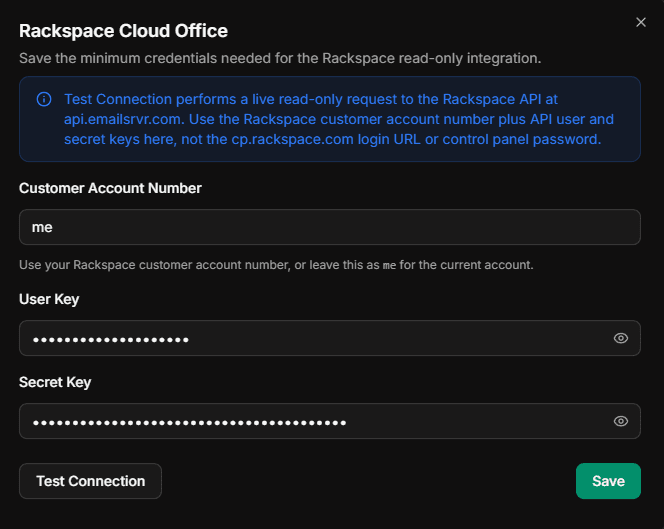 Rackspace Cloud Office integration modal in Konrado.AI