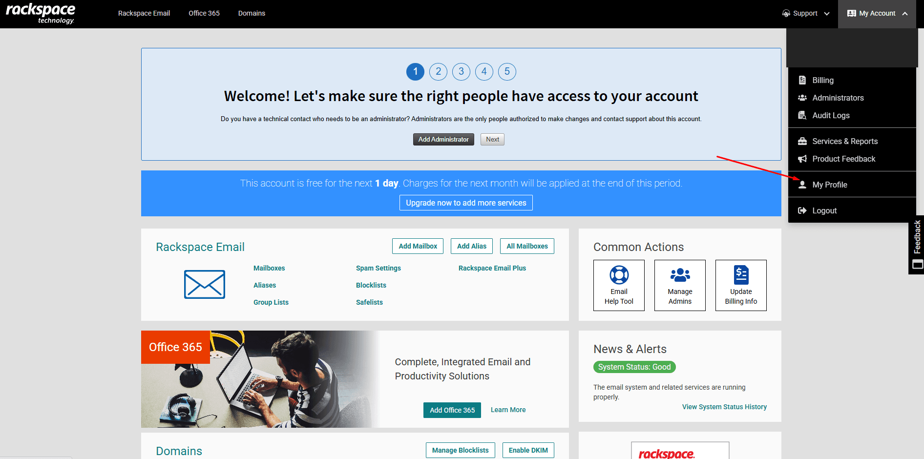 Rackspace My Account menu with My Profile selected