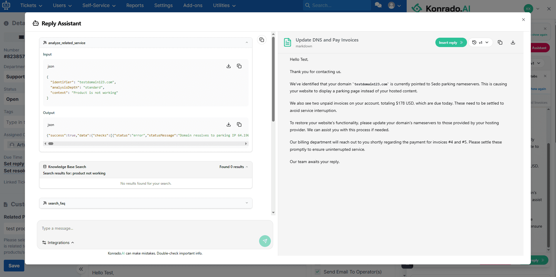 AI Reply Assistant presenting generated response options in SupportPal