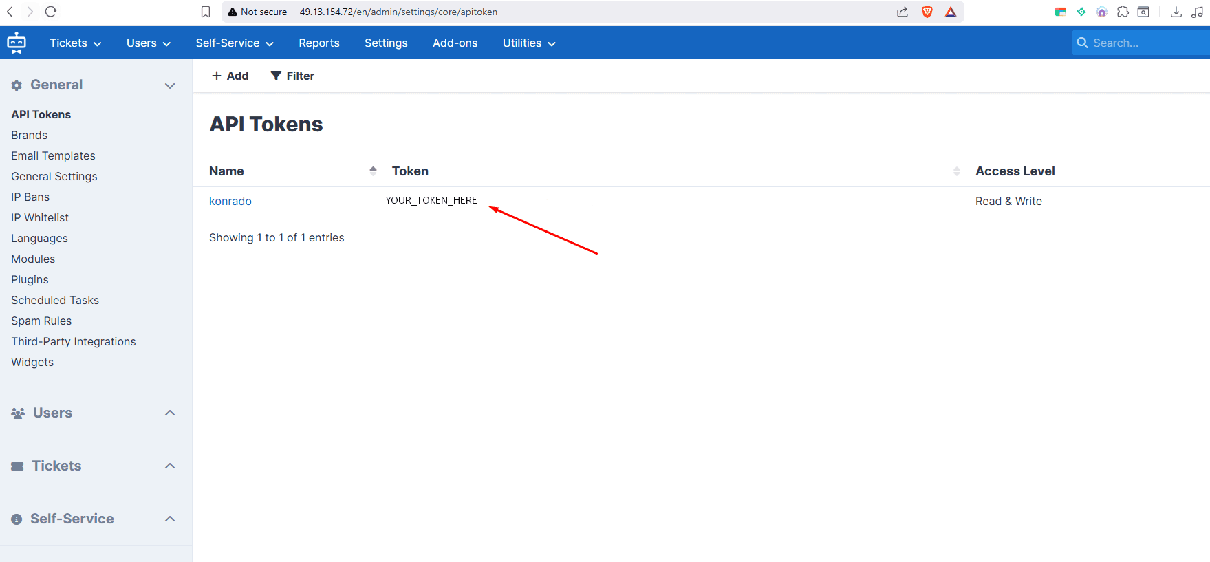 SupportPal API Tokens screen