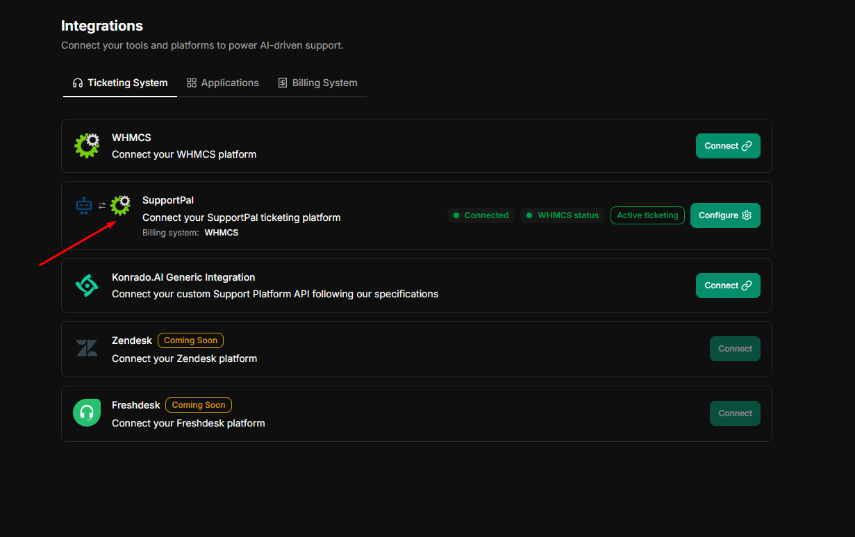 SupportPal connected in Konrado.AI and bound to WHMCS