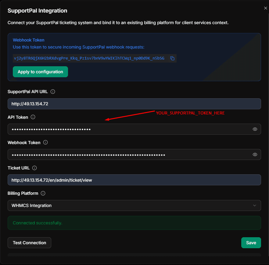 SupportPal connection form completed, WHMCS bound, and test connection successful