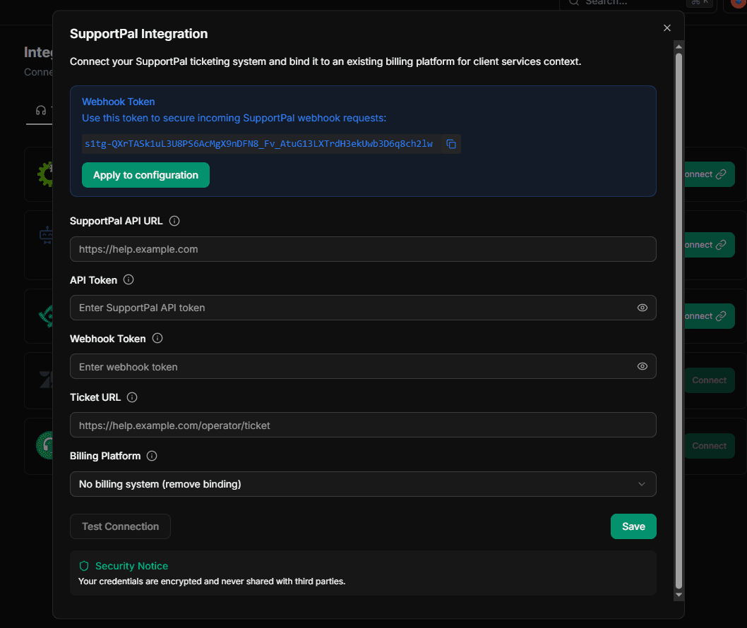 SupportPal integration modal with generated Konrado.AI webhook token