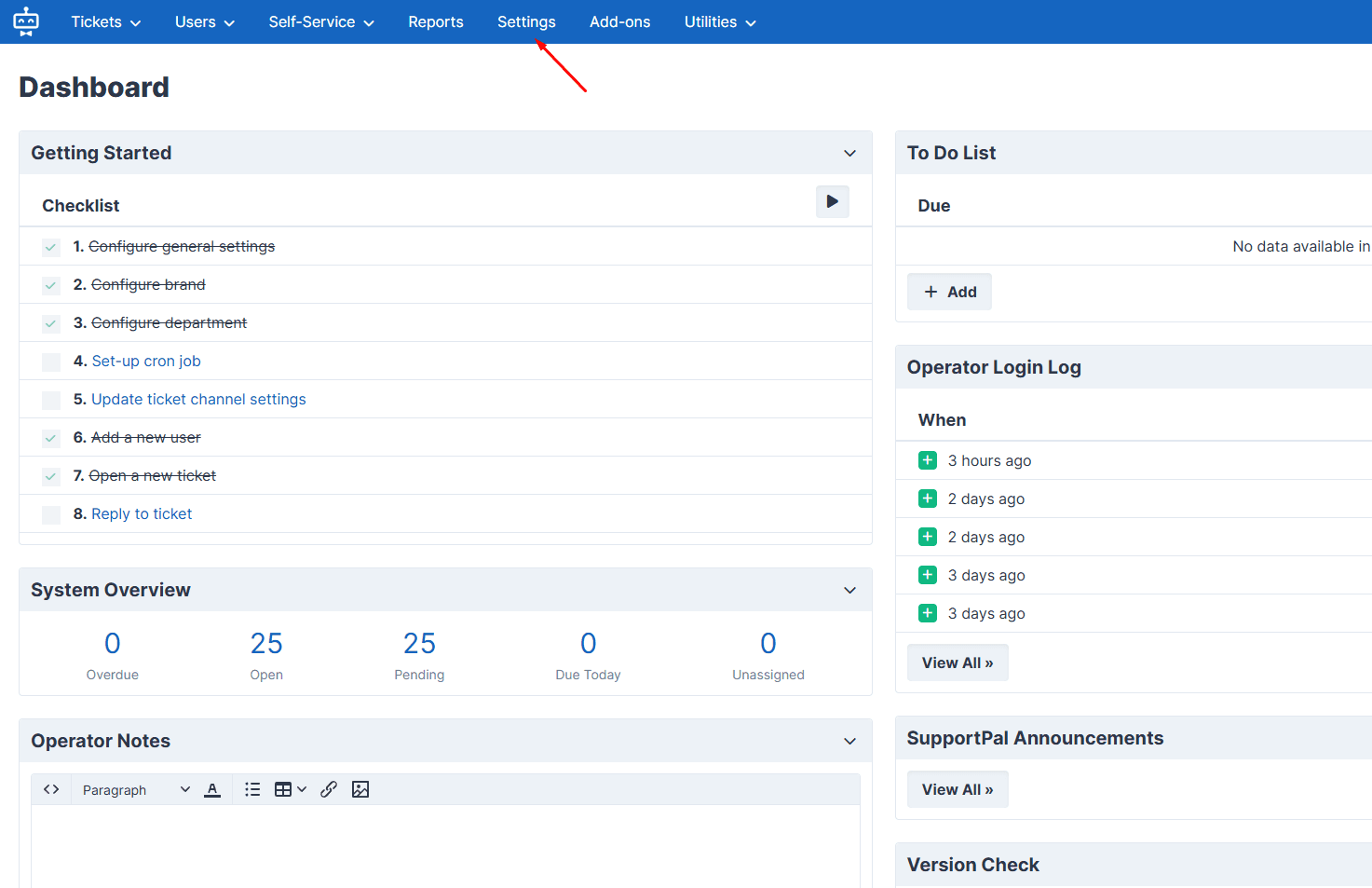 SupportPal dashboard with Settings highlighted
