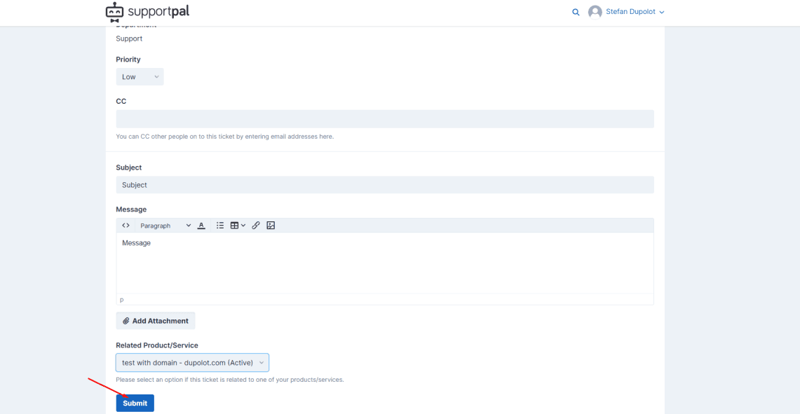 SupportPal test ticket form with a related product selected