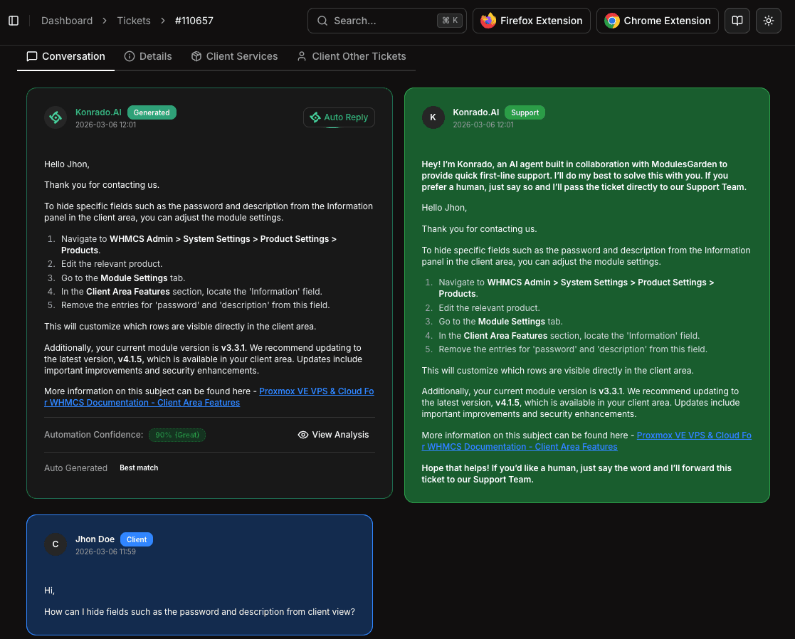 Ticket detail view showing the conversation thread with AI-generated response