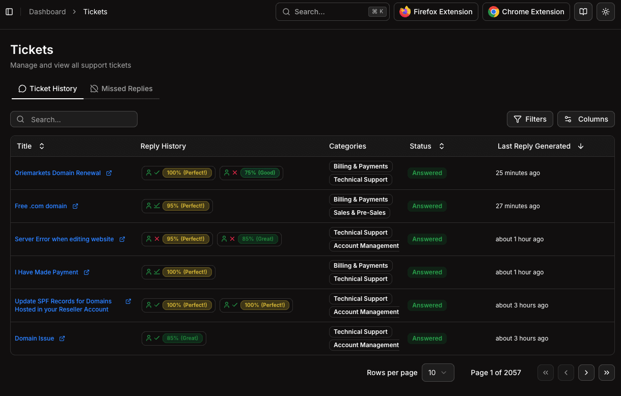 Tickets page showing ticket history with reply statuses