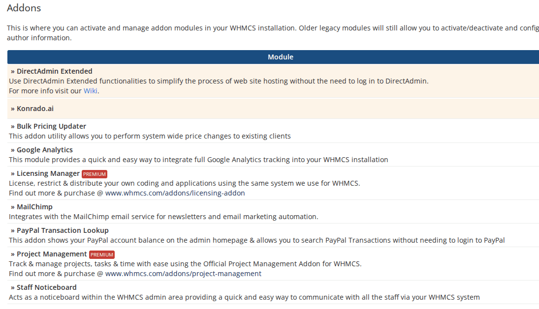 Konrado.AI in the WHMCS Addon Modules list