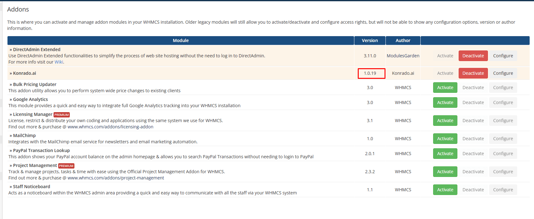 WHMCS Addon Modules showing module version