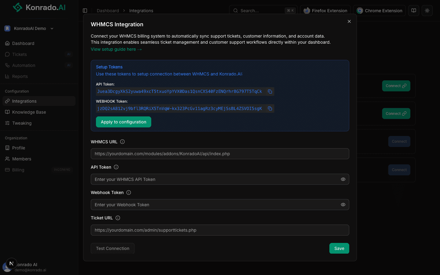 WHMCS Integration modal with tokens and connection form