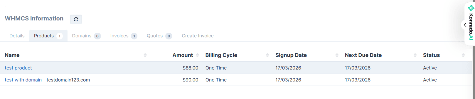 Ticket context showing WHMCS billing and account data inside the widget