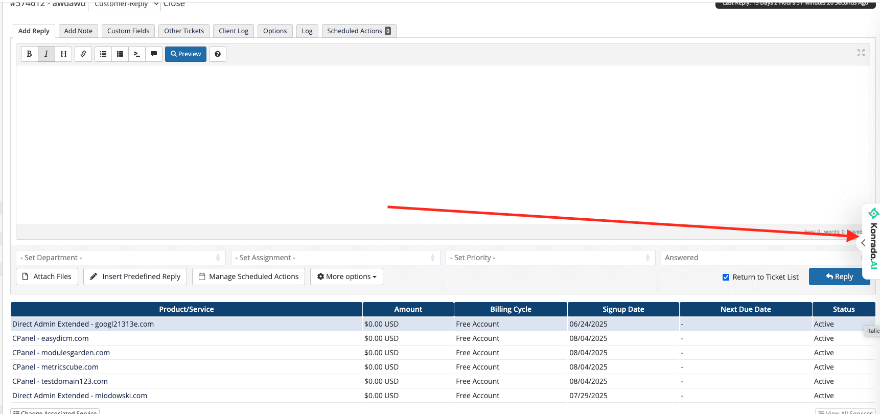 Konrado.AI widget collapsed on a WHMCS ticket