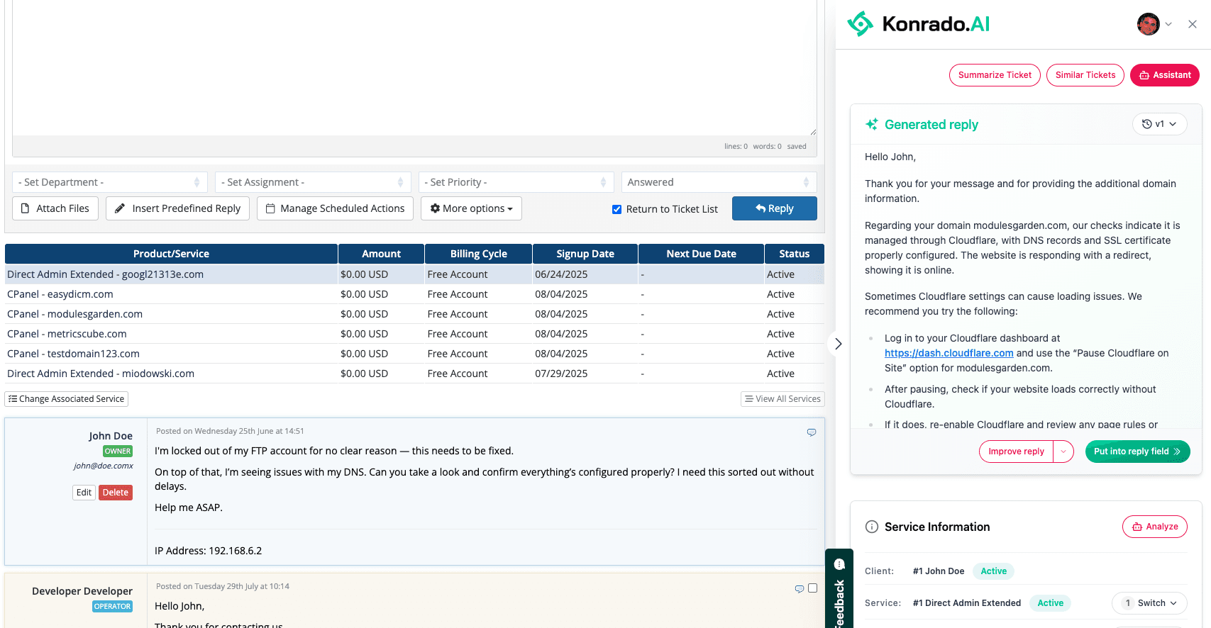 Konrado.AI widget showing a generated reply