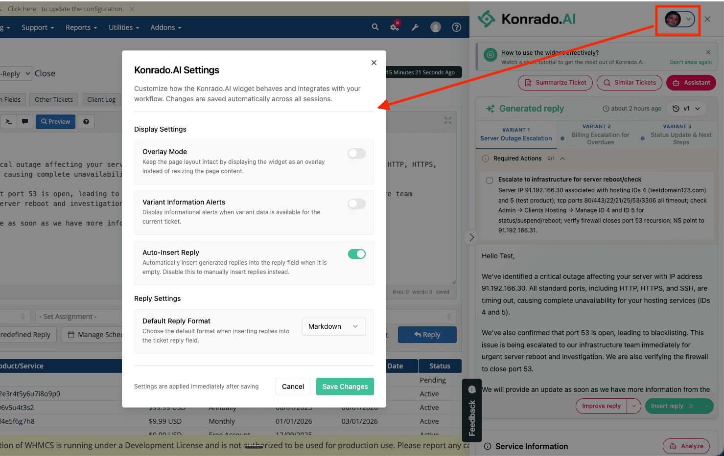 Konrado.AI widget settings modal