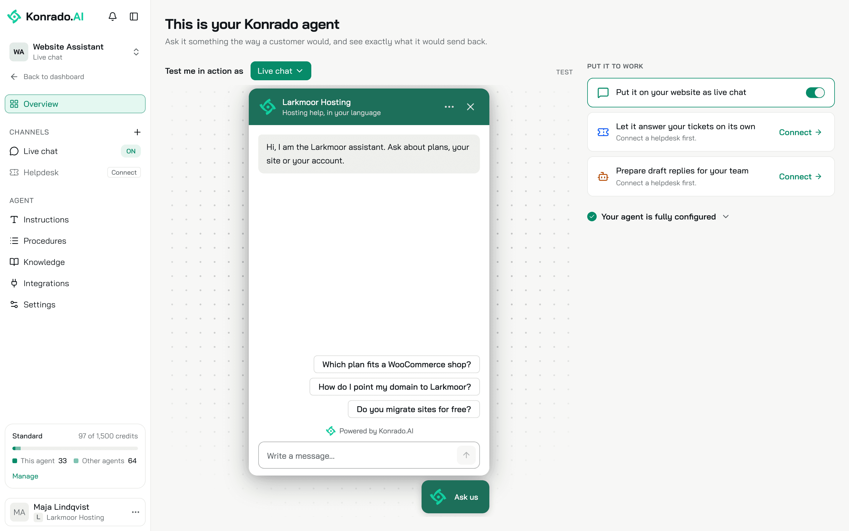 The Overview of a chat agent: the test chat on the left, the Put it to work rail and the Context line on the right