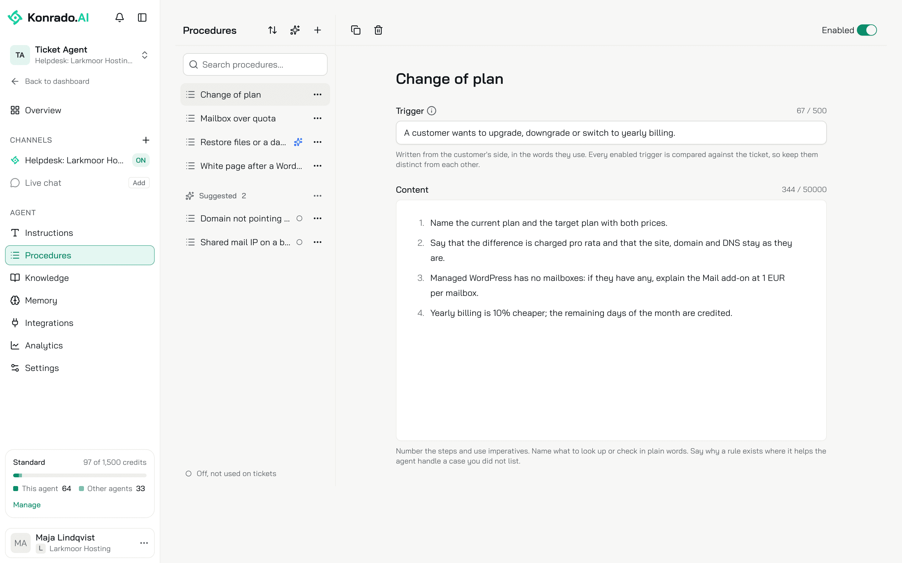 The Procedures page with Change of plan open: the Trigger, four numbered steps under Content and the Enabled switch