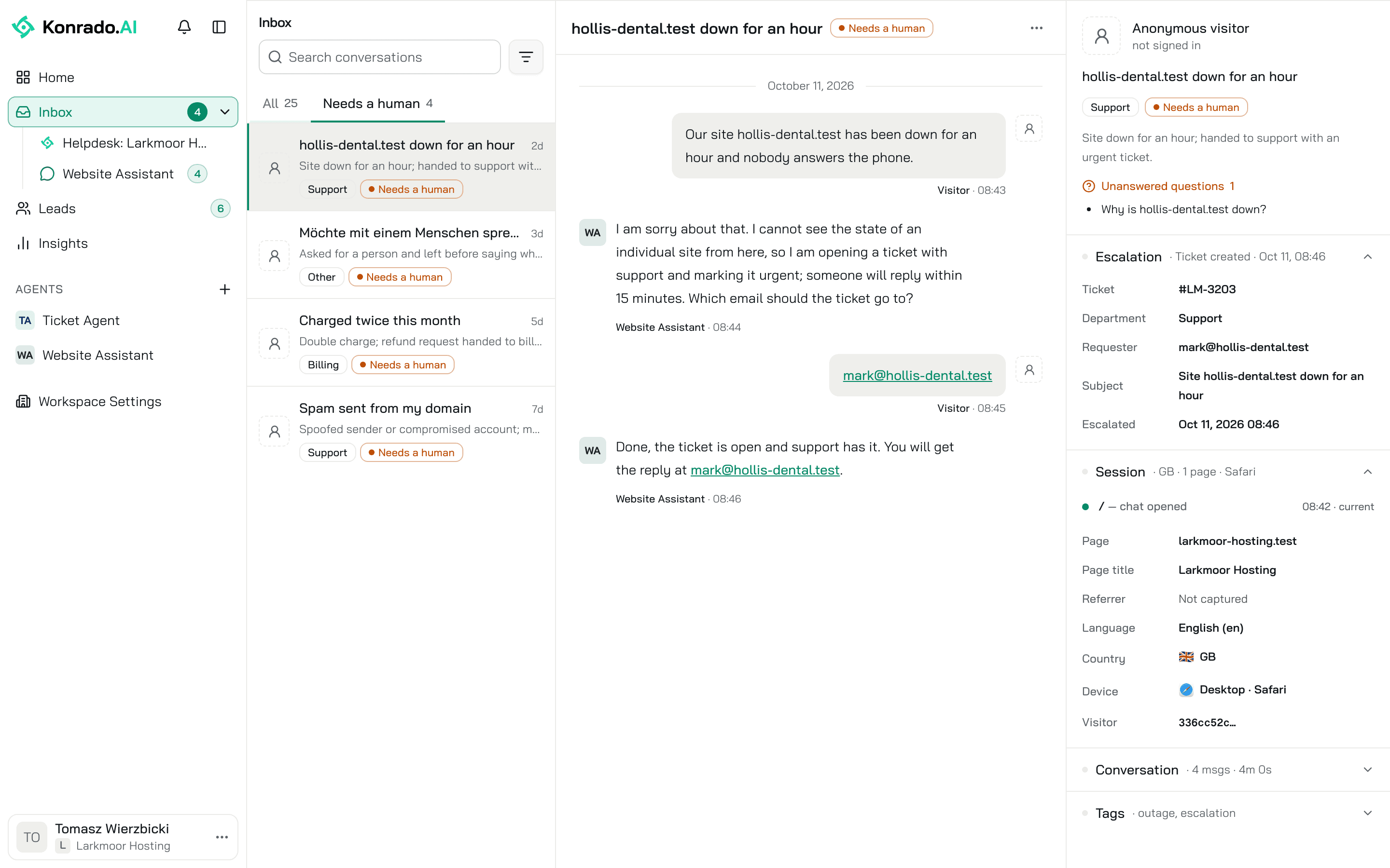 The Inbox on Needs a human: four chats, the open one showing its ticket under Escalation and the visitor's page, language, country and device under Session
