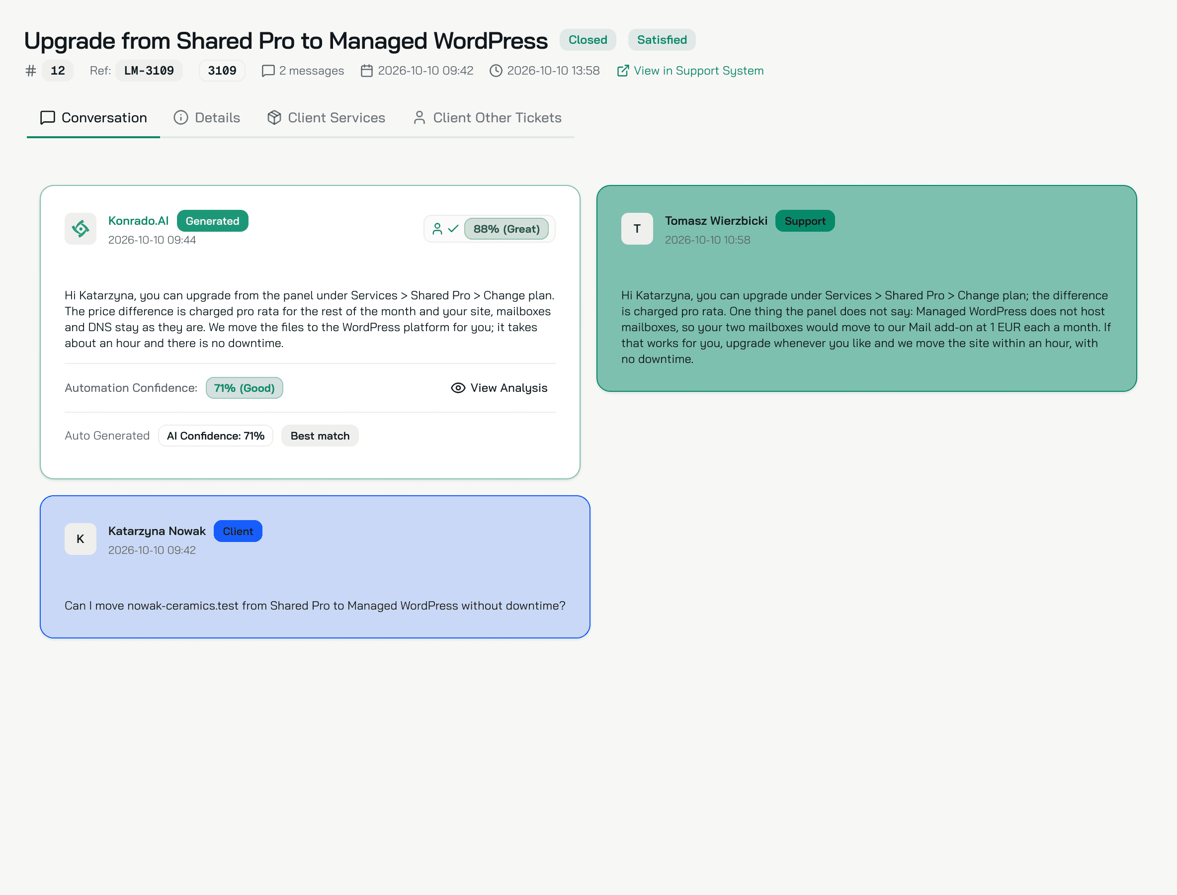 The Conversation tab: Konrado's draft with 88% (Great), Automation Confidence and Best match on the left, the reply Tomasz sent on the right, the customer's question below