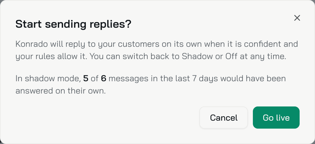 The Start sending replies? dialog with the shadow record and the Go live button