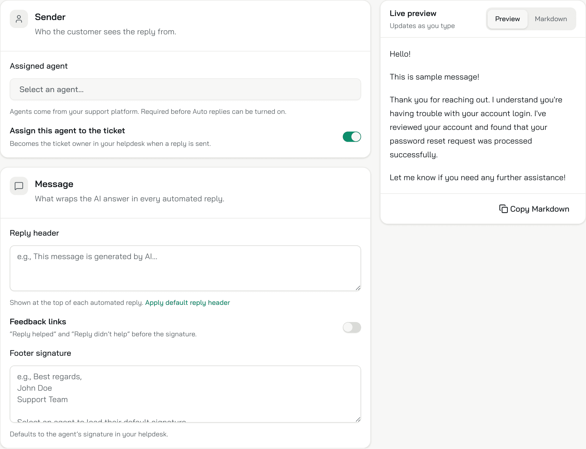 The Reply settings tab: the Sender card with the Assigned agent, the Message card with the header, feedback links and signature, and the Live preview