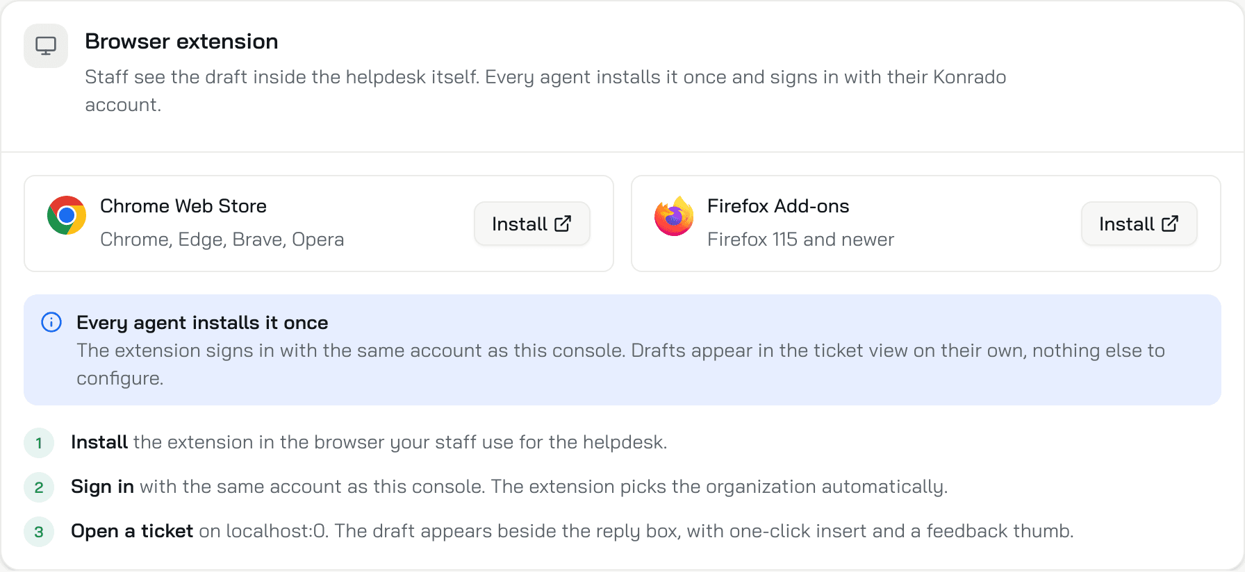 The Browser extension card on the Copilot page with the Chrome Web Store and Firefox Add-ons Install buttons and the three steps
