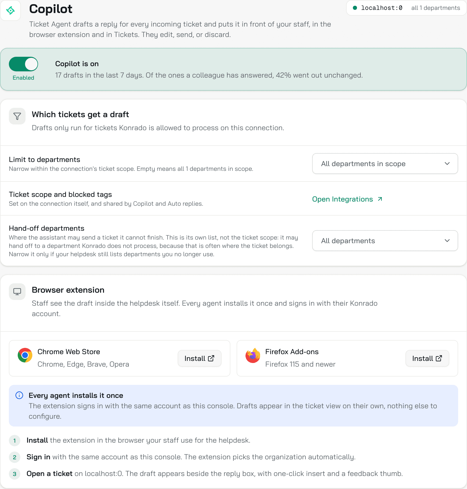 The Copilot page: the switch on with the drafts of the last 7 days, the Which tickets get a draft card and the Browser extension card