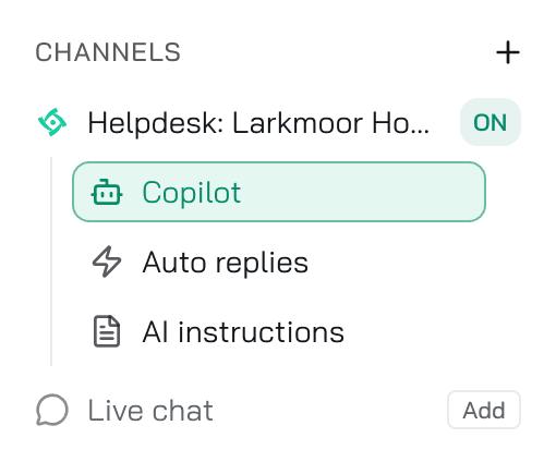 The agent's menu with the Helpdesk channel switched on and its three pages: Copilot, Auto replies, AI instructions