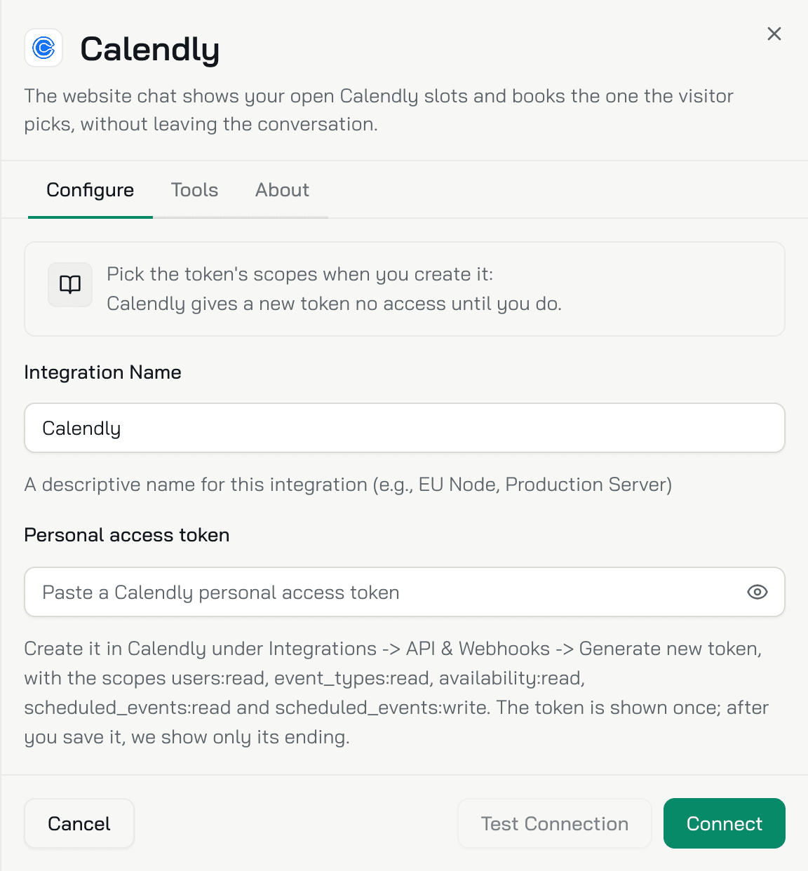 The Calendly form: the hint about the token's scopes, Integration Name and Personal access token