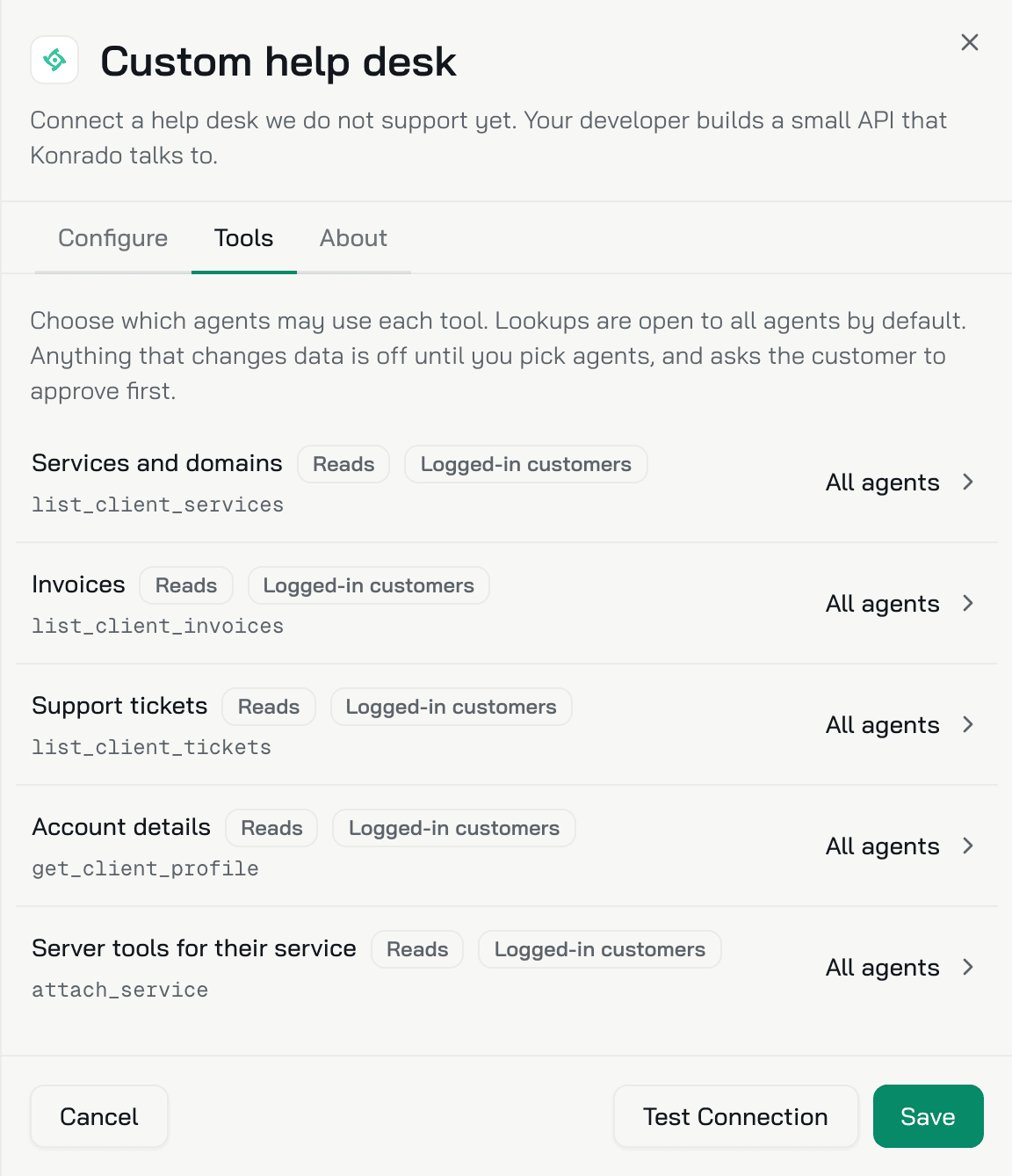The Tools tab of a connected custom help desk: five lookups for logged-in customers, each used by All agents
