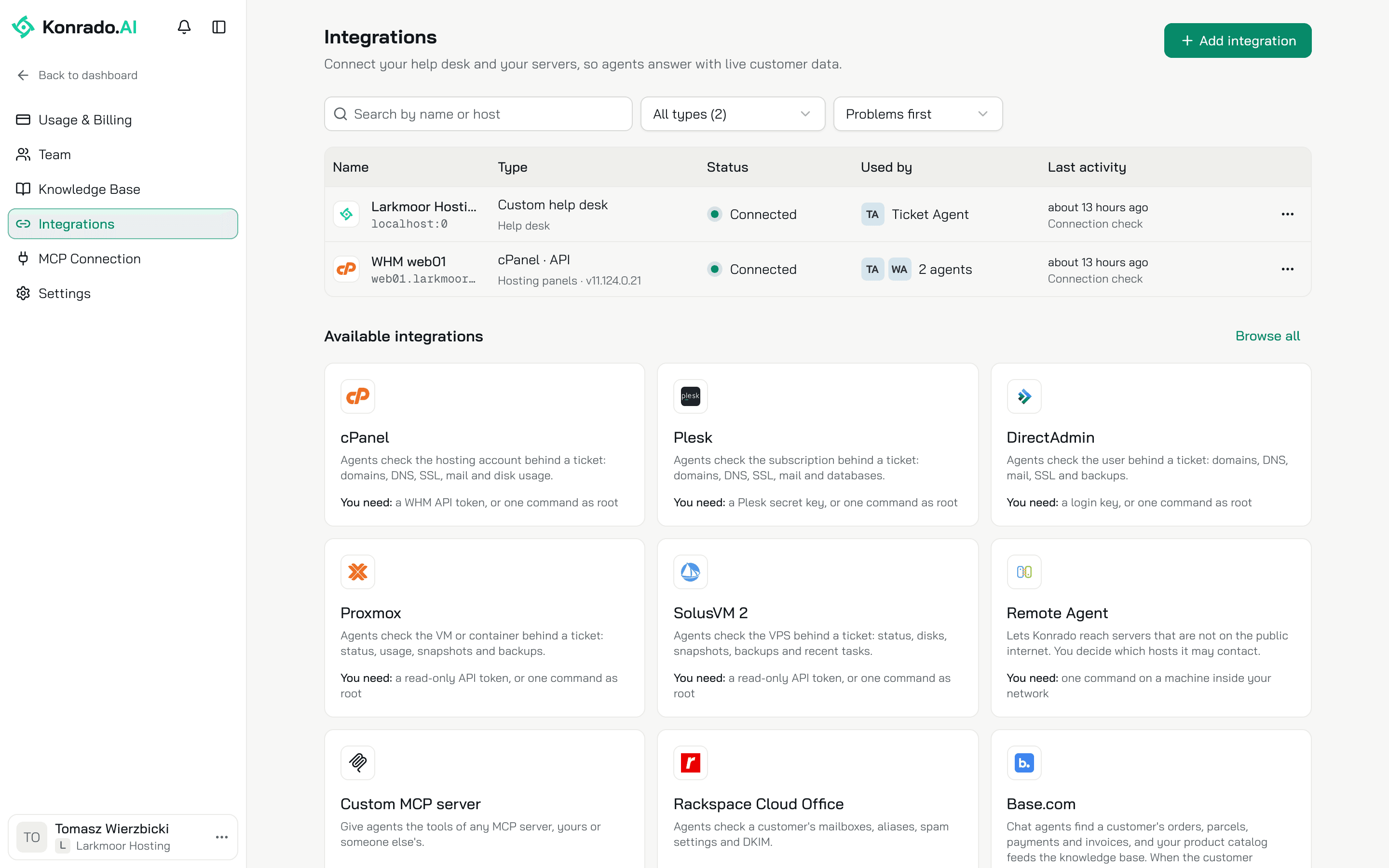 The Integrations page: a custom help desk and a cPanel server in the table, and the cards of the integrations not connected yet below it