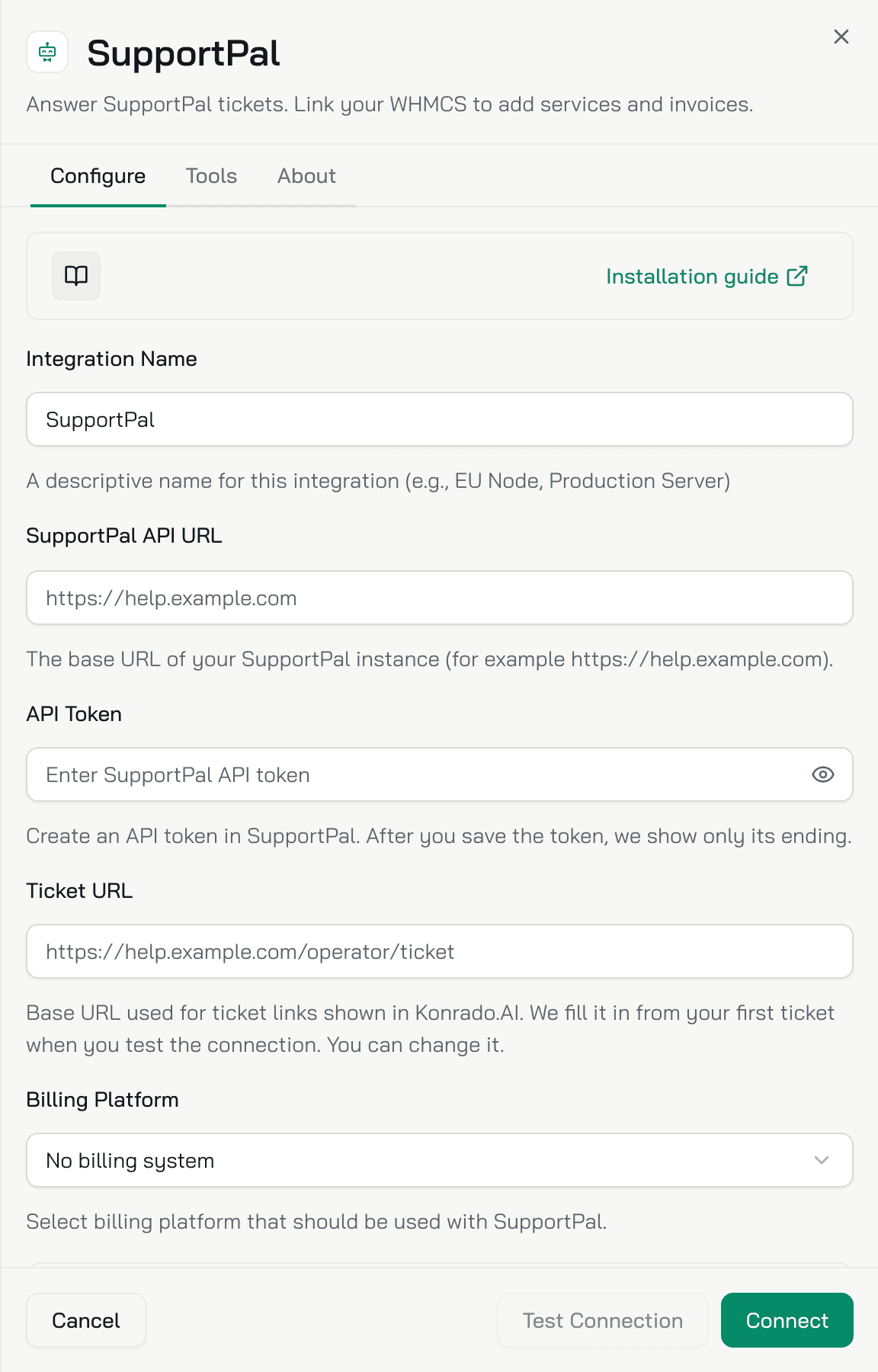 The SupportPal form in Konrado: Integration Name, SupportPal API URL, API Token, Ticket URL and Billing Platform