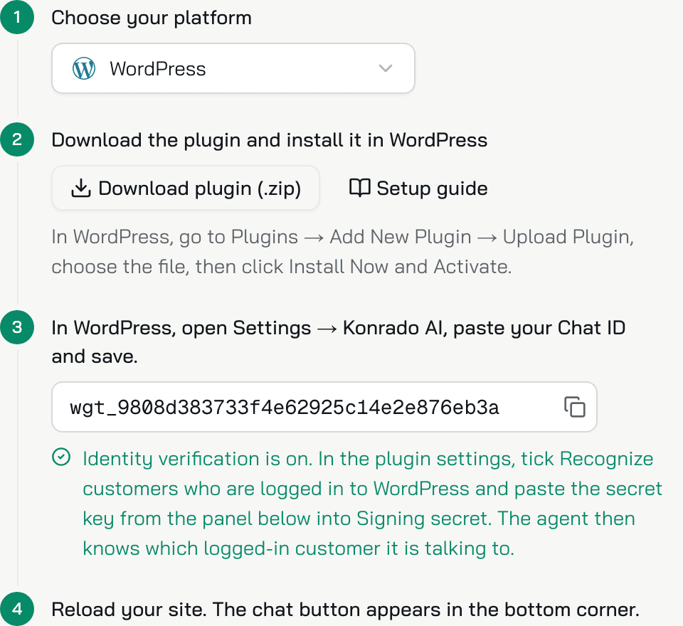 Kroki dla WordPressa na stronie Instalacja: Pobierz wtyczkę (.zip), Instrukcja konfiguracji oraz Identyfikator czatu z przyciskiem kopiowania