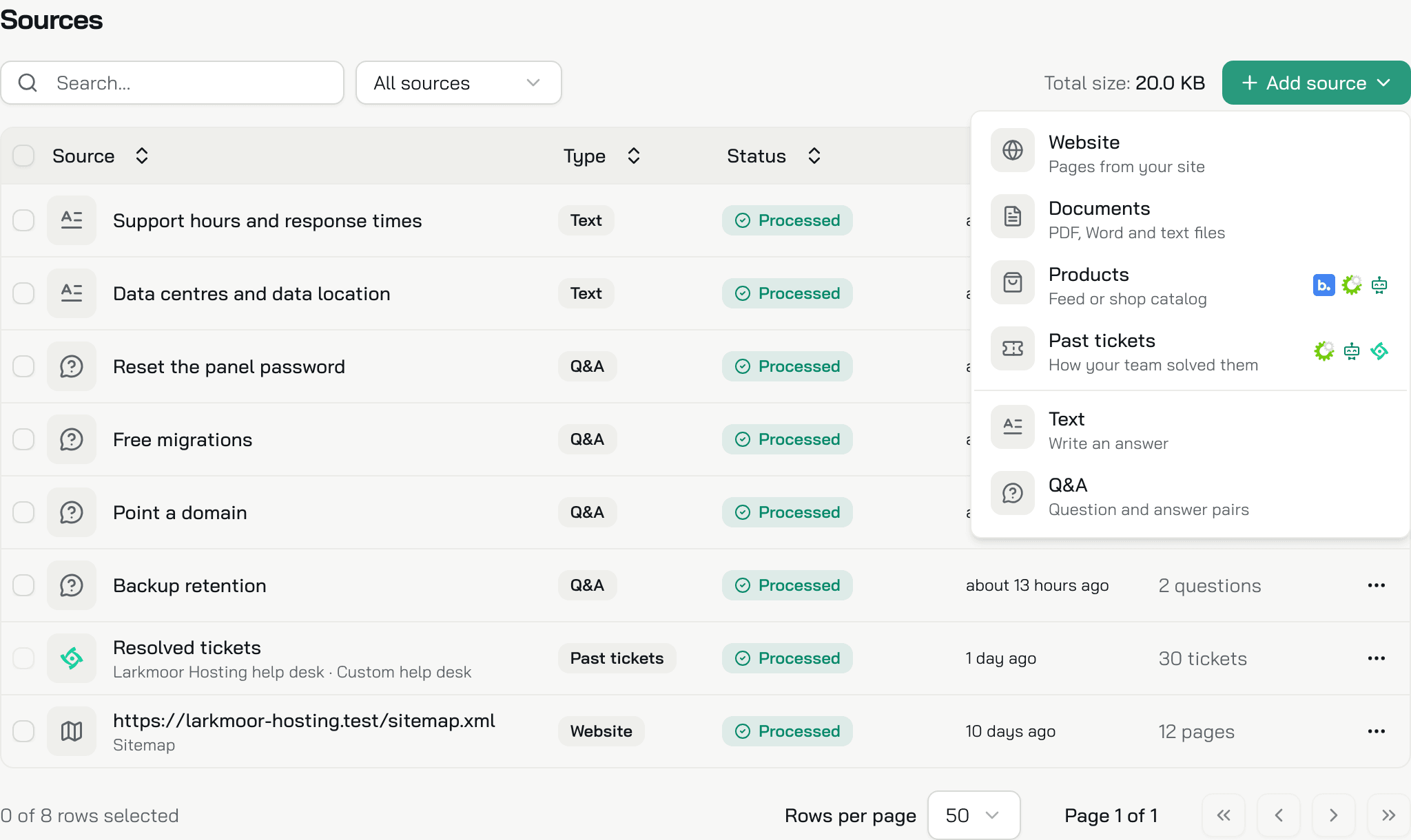 The Add source menu open over the Sources list: Website, Documents, Products and Past tickets, then Text and Q&A