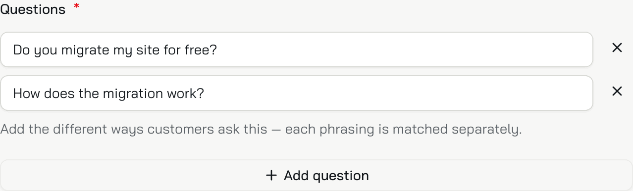 The Questions field of a Q&A entry: two ways to ask about free migrations and the Add question button