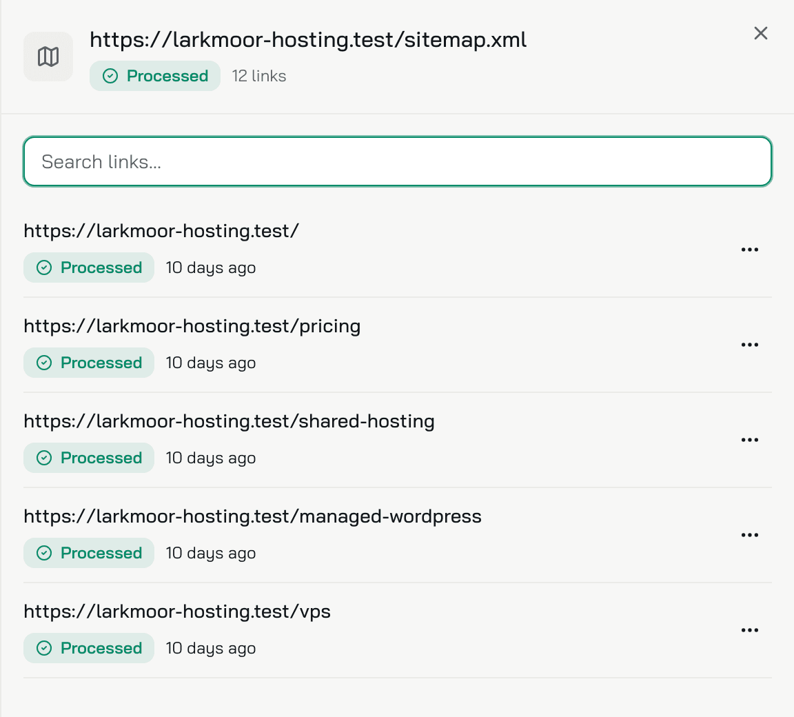 A sitemap source opened: Processed, 12 links, and each page with its status, when it was read and its menu