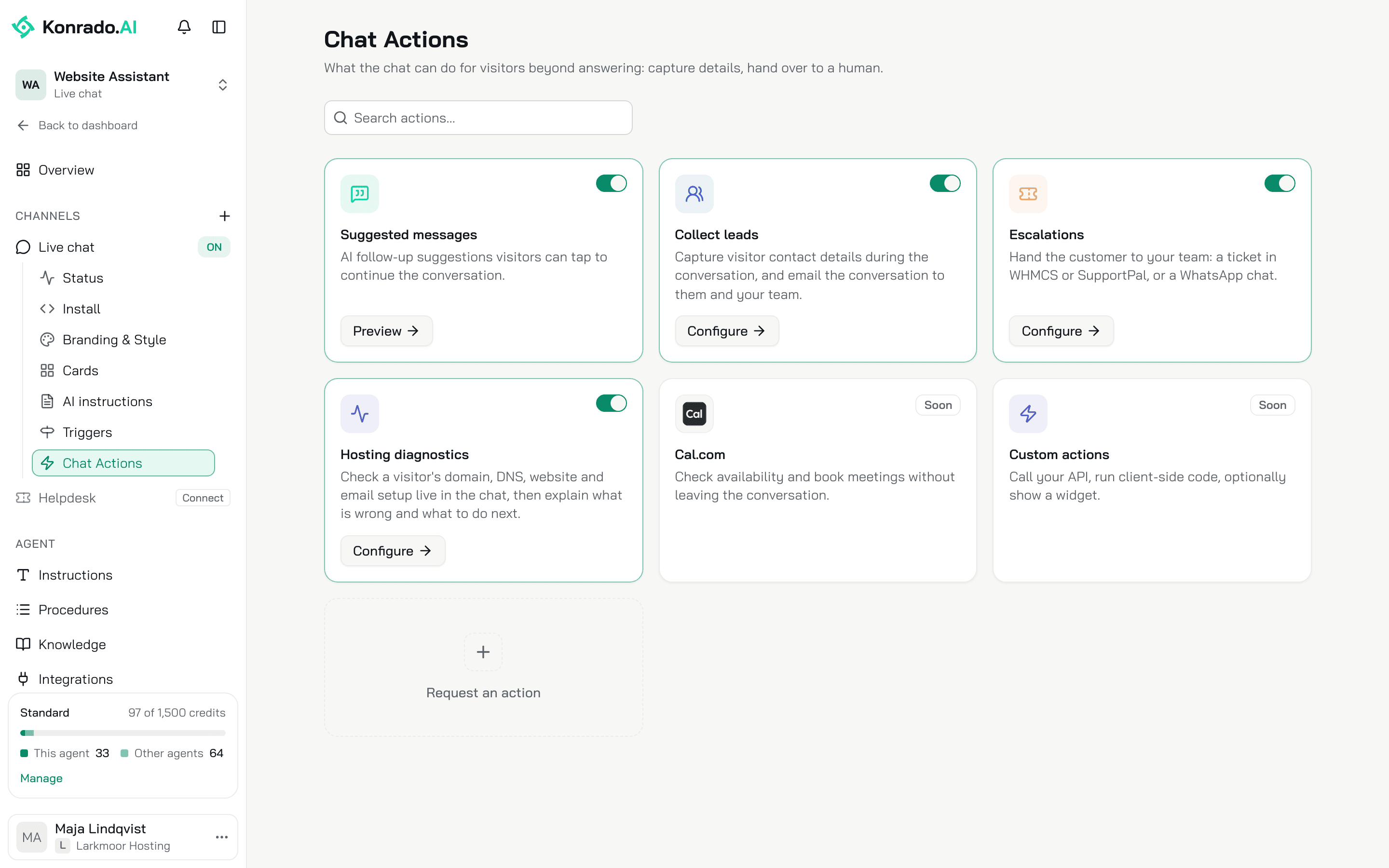 The Chat Actions page: Suggested messages, Collect leads, Escalations and Hosting diagnostics, each with its switch