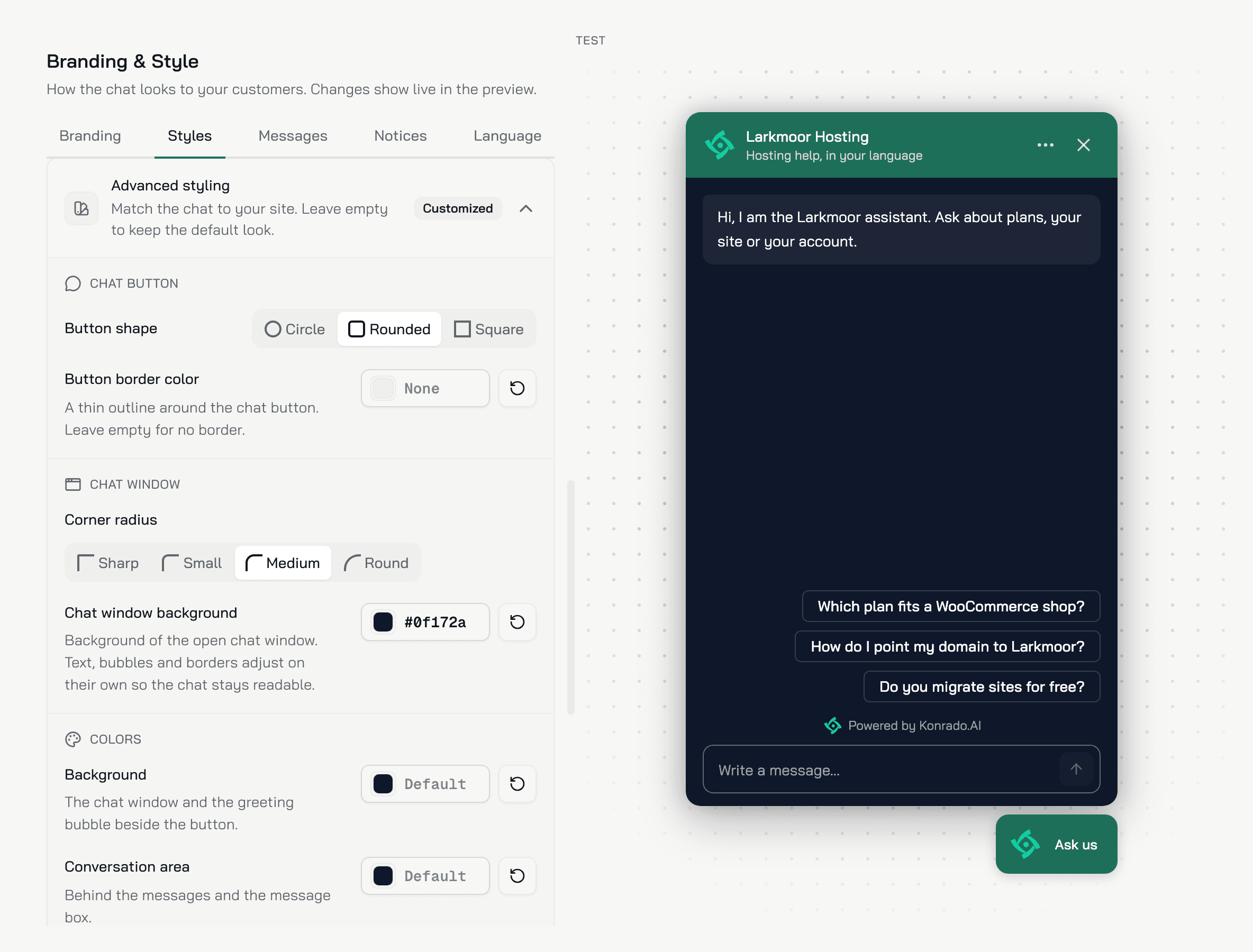The Advanced styling group open with a dark Chat window background, and the chat in the preview turned dark to match