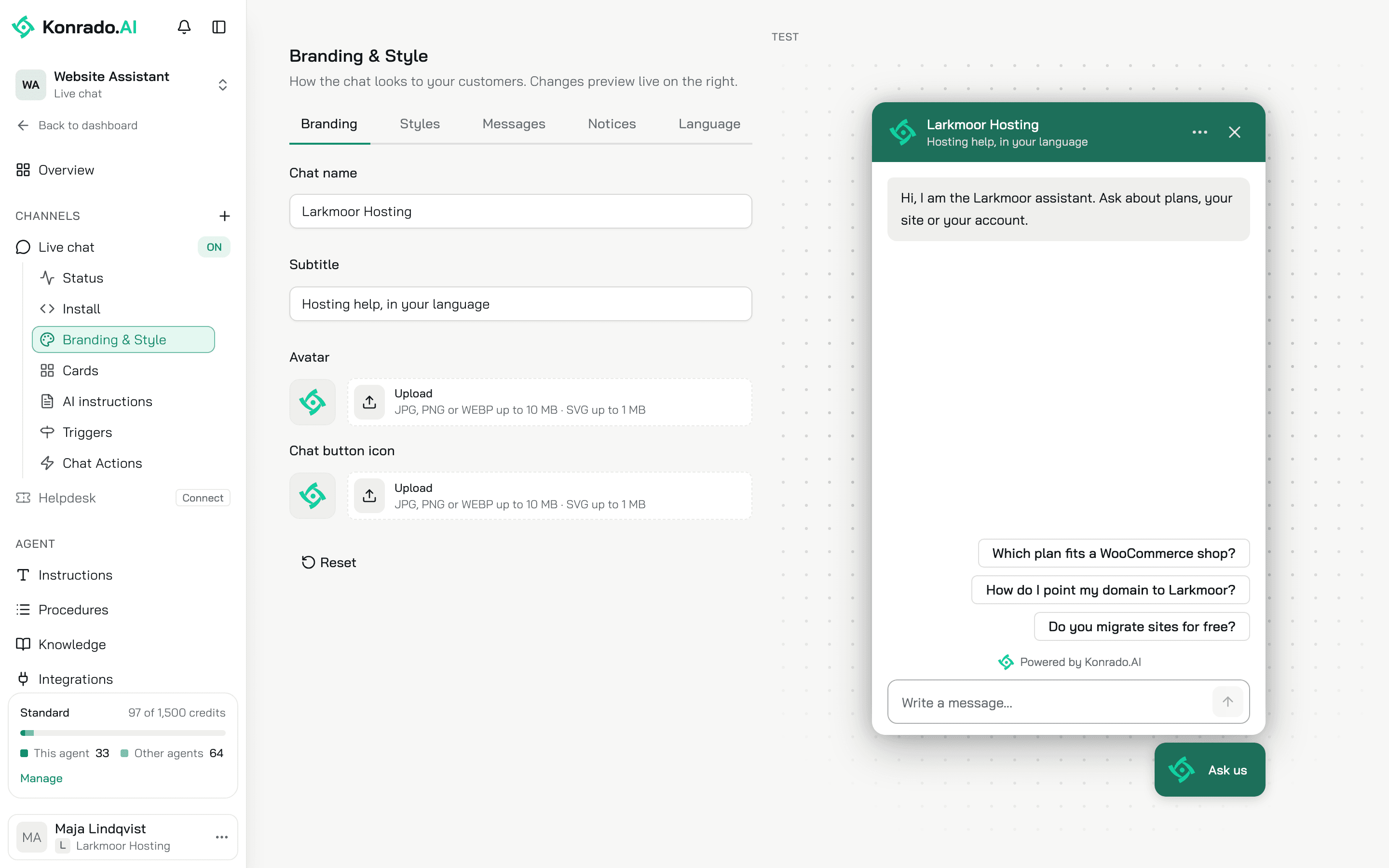 The Branding & Style page on the Branding tab: chat name, subtitle, avatar and chat button icon, with the live preview on the right