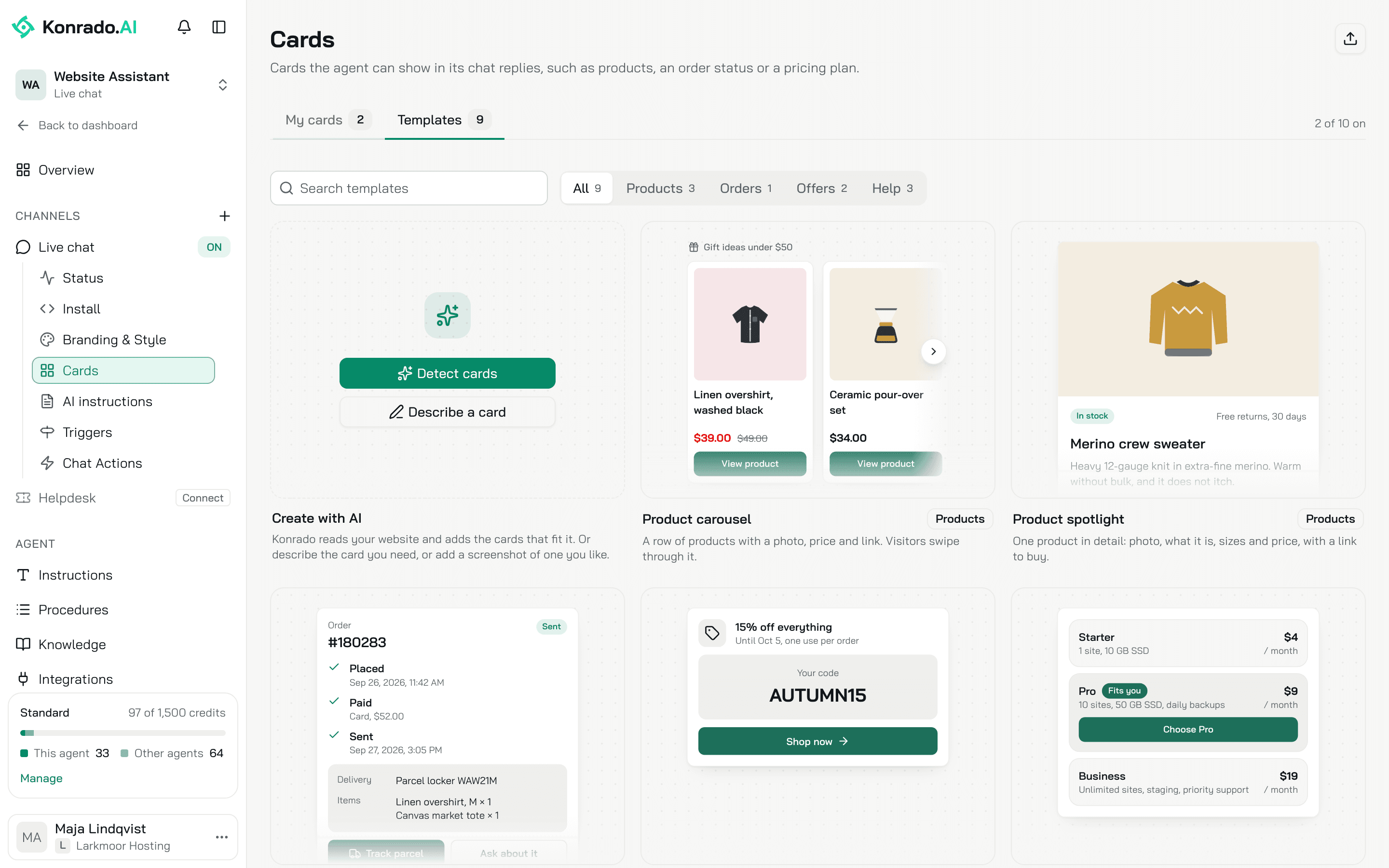 The Cards page on the Templates tab: the Create with AI tile, then the first templates with a preview each