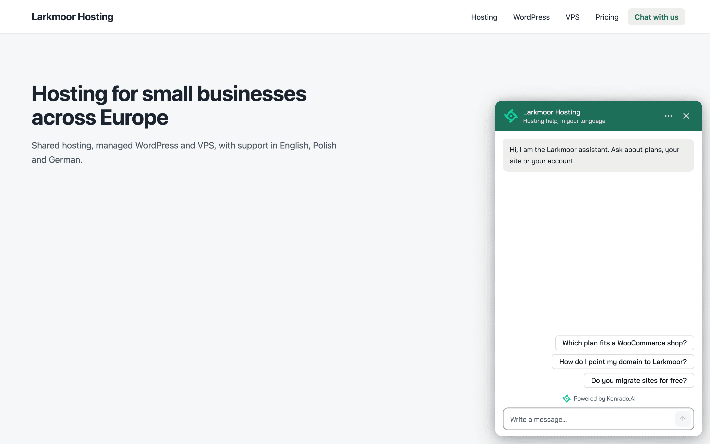 A website menu with a Chat with us link, and the chat open in the corner after a click on it