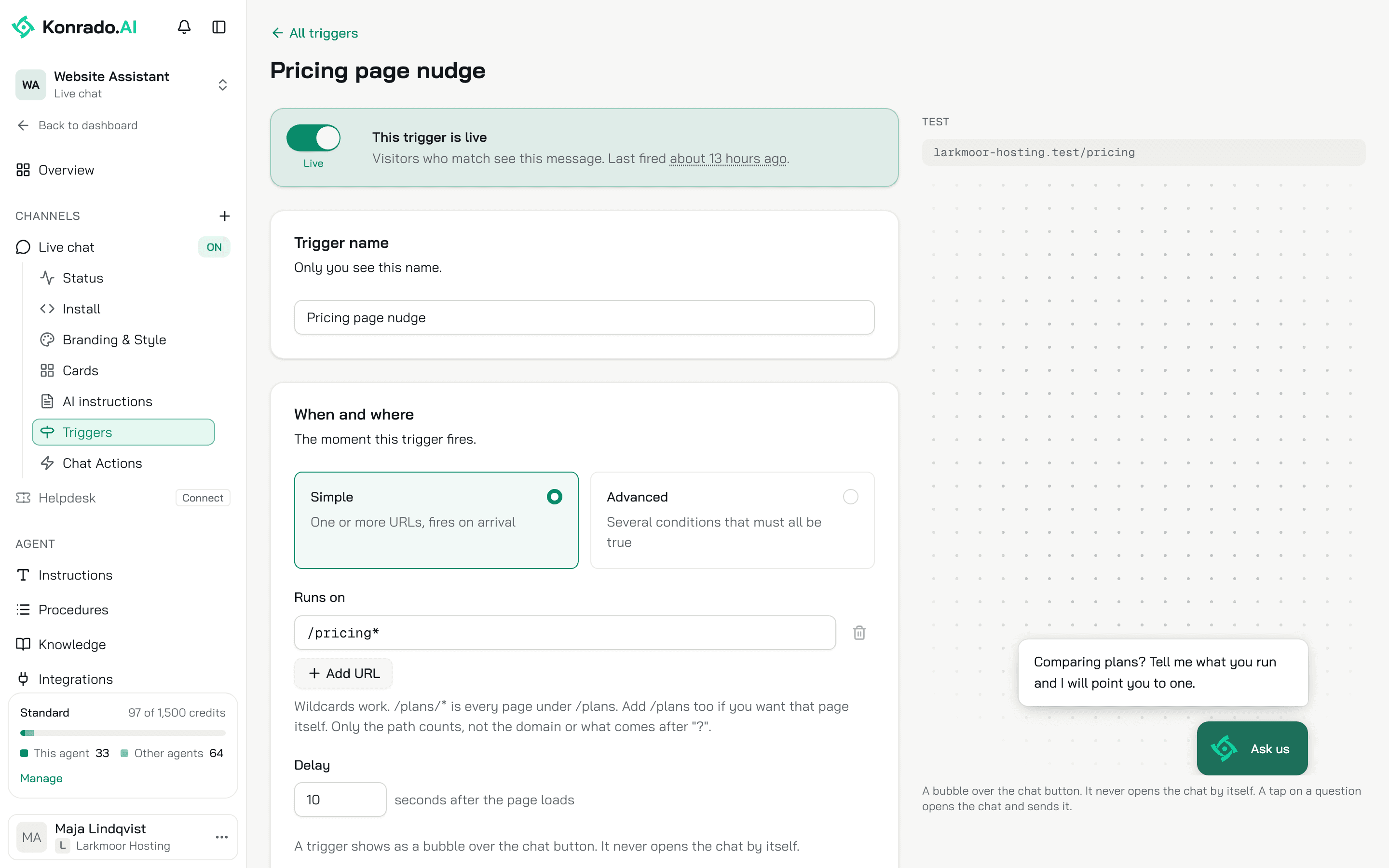 The editor of a live trigger: the Live switch, the name, Simple mode with the path /pricing* and a 10 second delay, and the preview of that page on the right